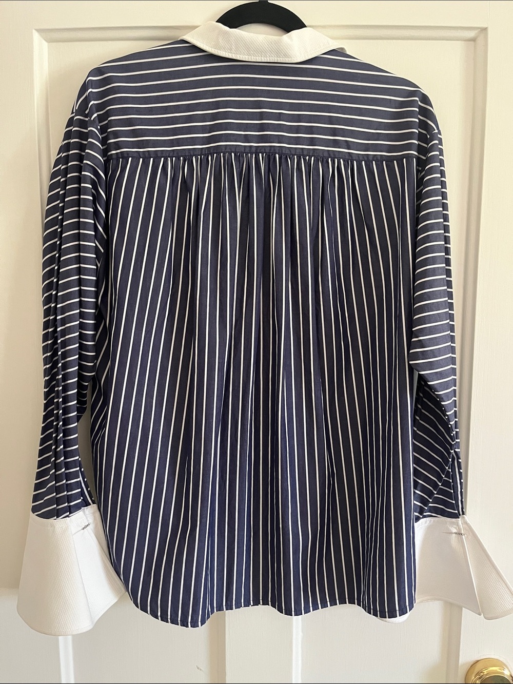 Striped Navy Button-Down Shirt with Contrast White Collar French cuffs oversized - Picture 11 of 13